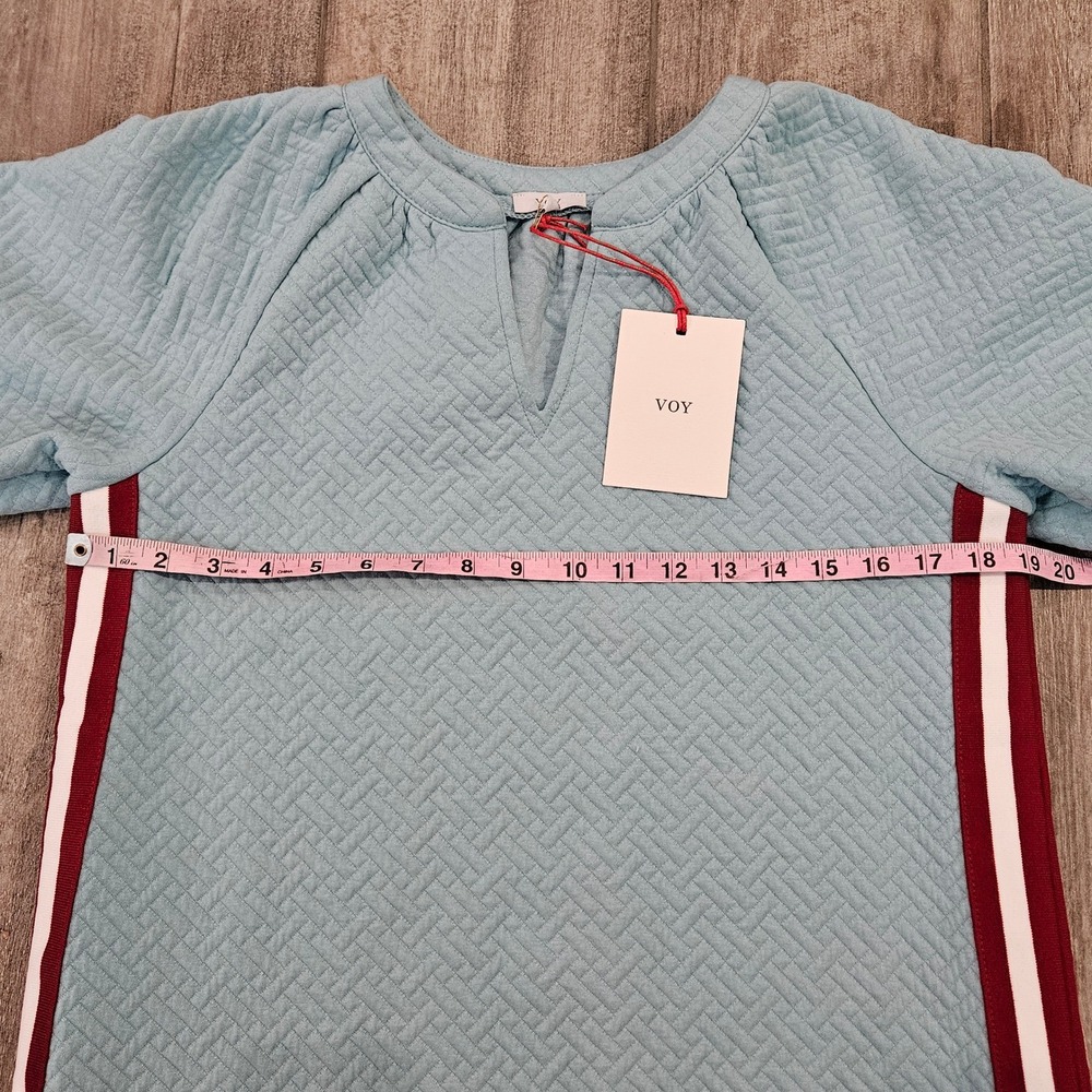 VOY Quilted Athletic Mini Dress Size S Blue Side Stripe Zip Slit Preppy Sporty - Picture 3 of 10